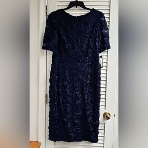 XSCAPE PUFF LACE SLEEVE SHEATH DRESS (RUNS SMALL).